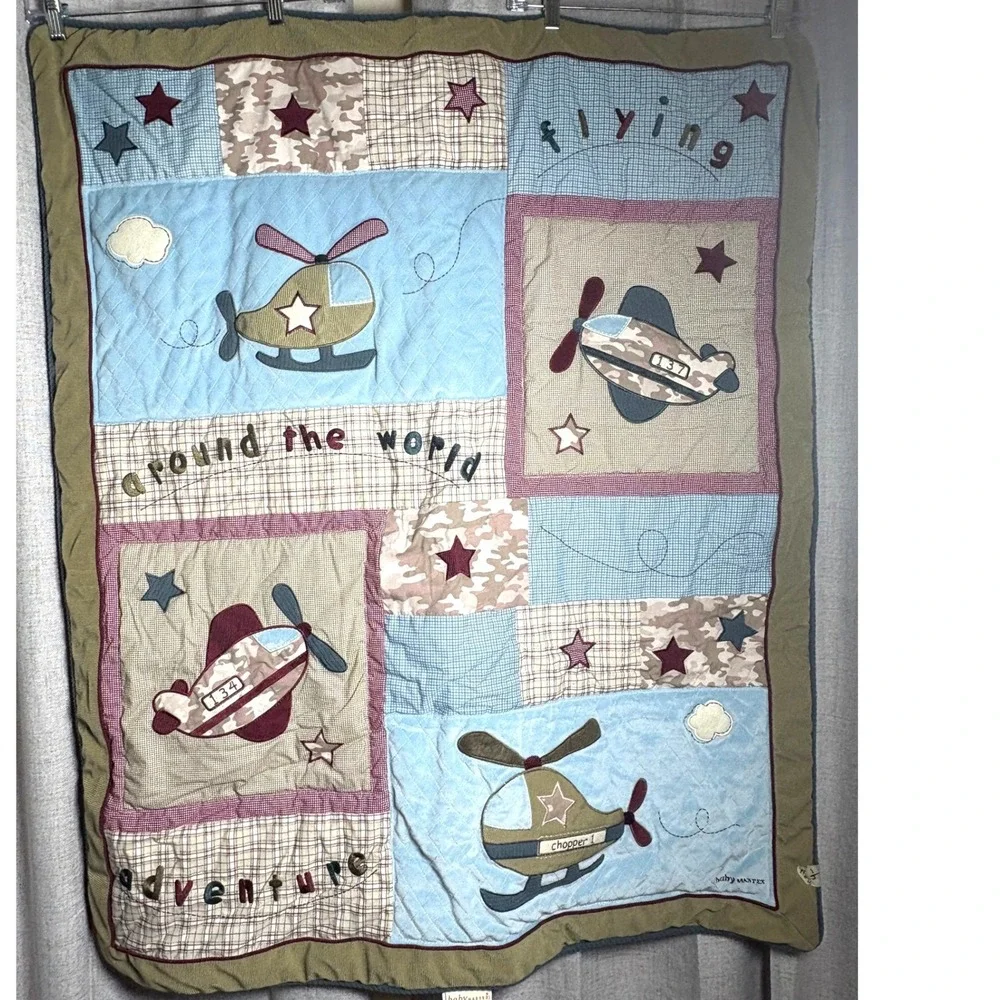 Baby Martex Airplane Helicopter Quilted Baby Blanket Blue Camo Plaid 42x36